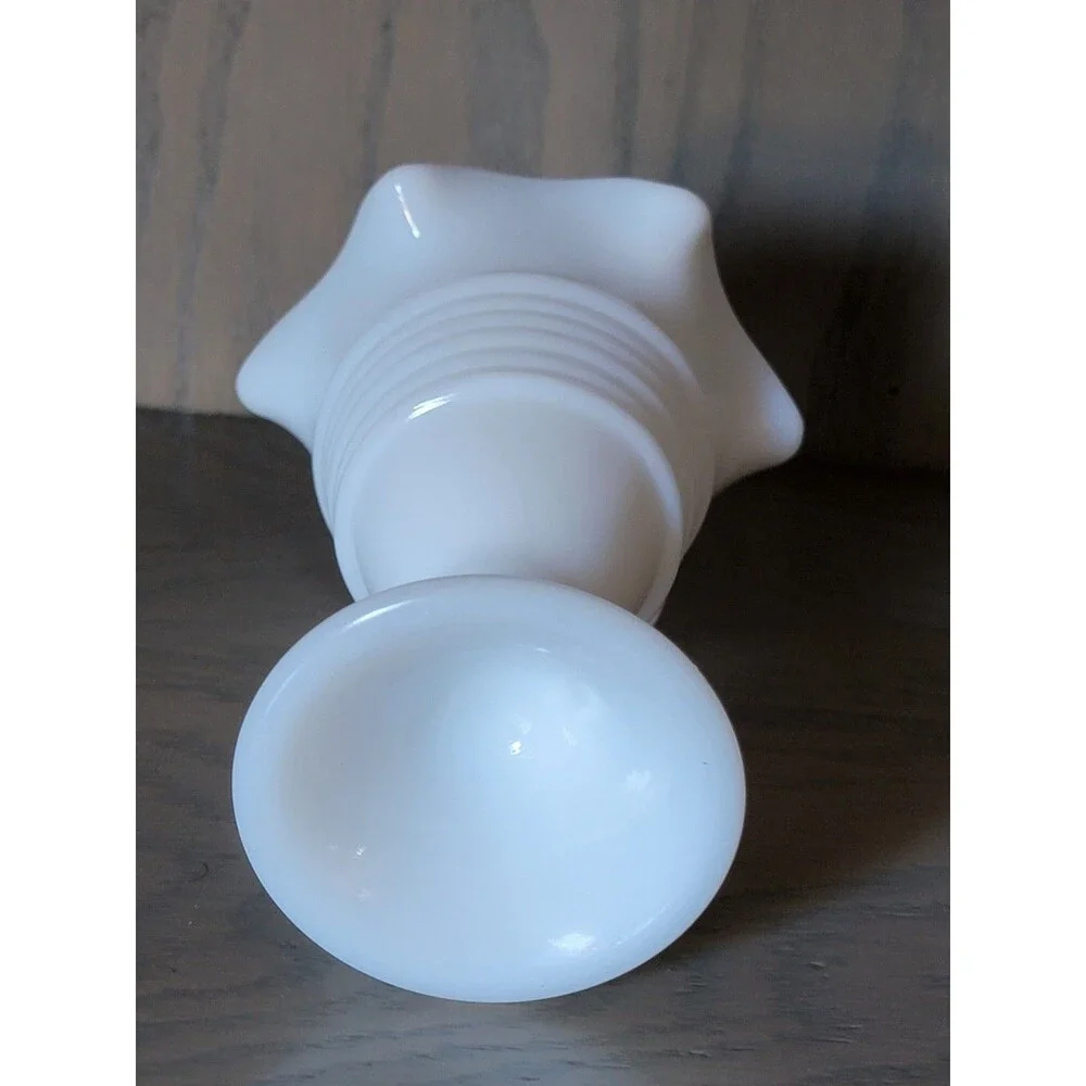 Antique Schram Milk Glass Vase Ruffled Edge Flower Ribbed Design Vintage VTG